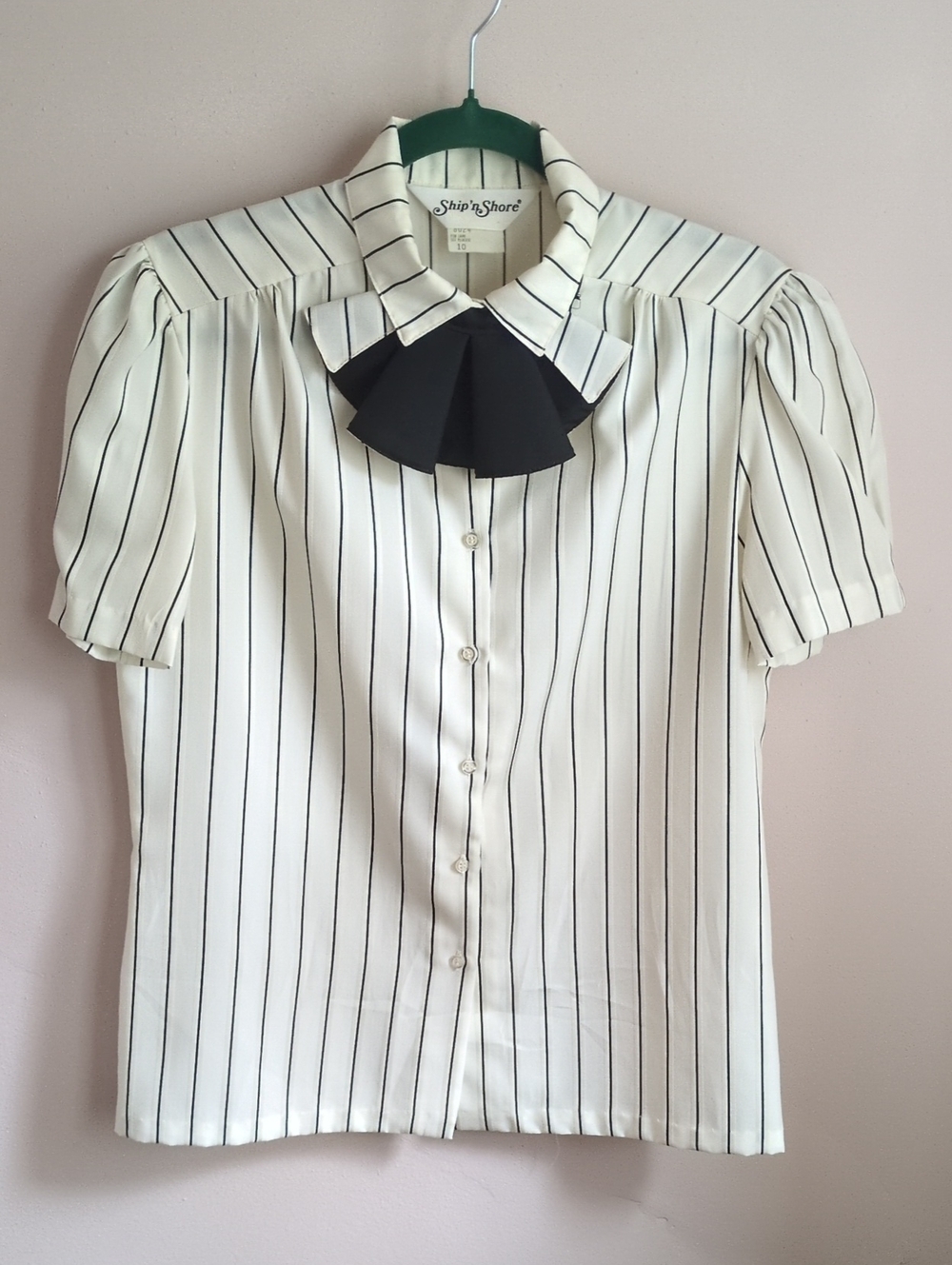 Ship n' Shore Cream Stripe Button-Down Blouse with Black Bow